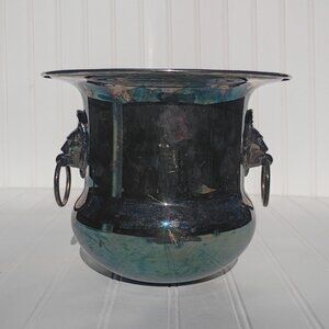 Vintage Silverplated Ice Bucket with Lion Head Circular Handles Silver Trophy